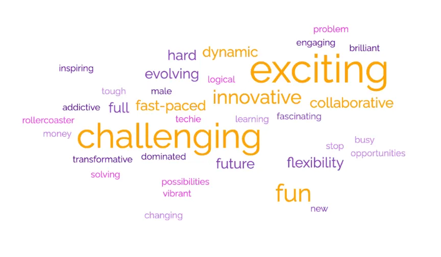 Word cloud of graduates describing the tech industry in three words